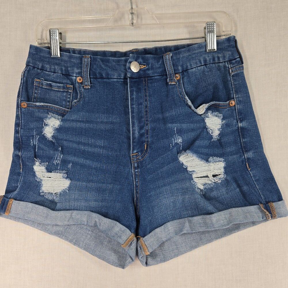 AERO High Rise Curvy Midi Shorts Womens Size 12 Blue Distressed Denim 3” Inseam